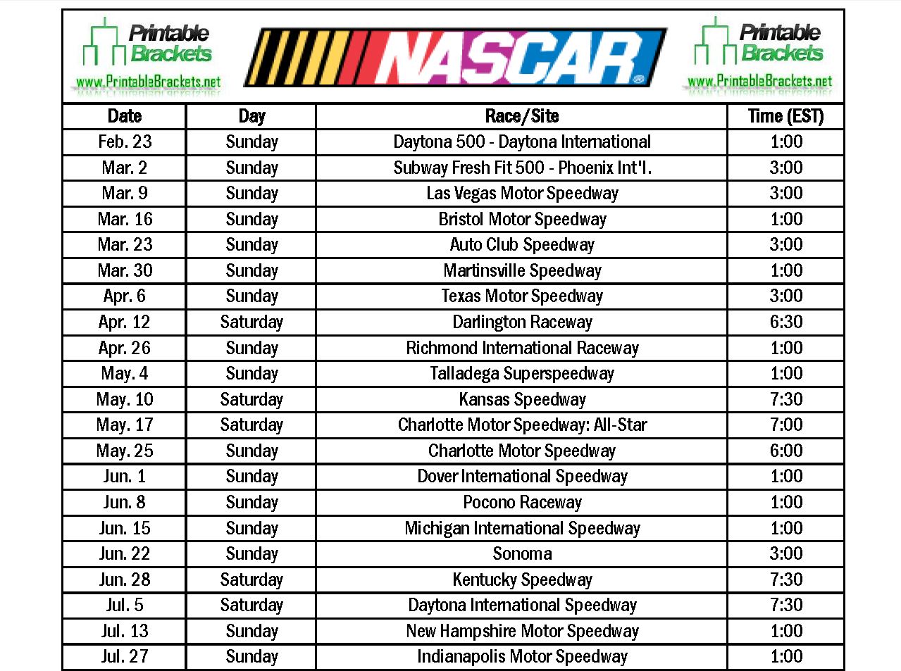 2014 NASCAR Sprint Cup Series Schedule: Full Race Calendar