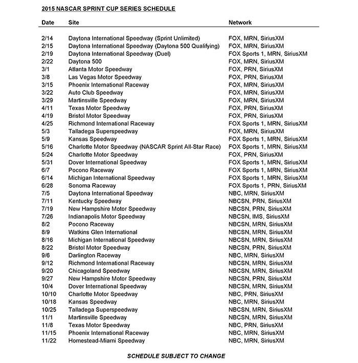nascar 2015 schedule sprint cup